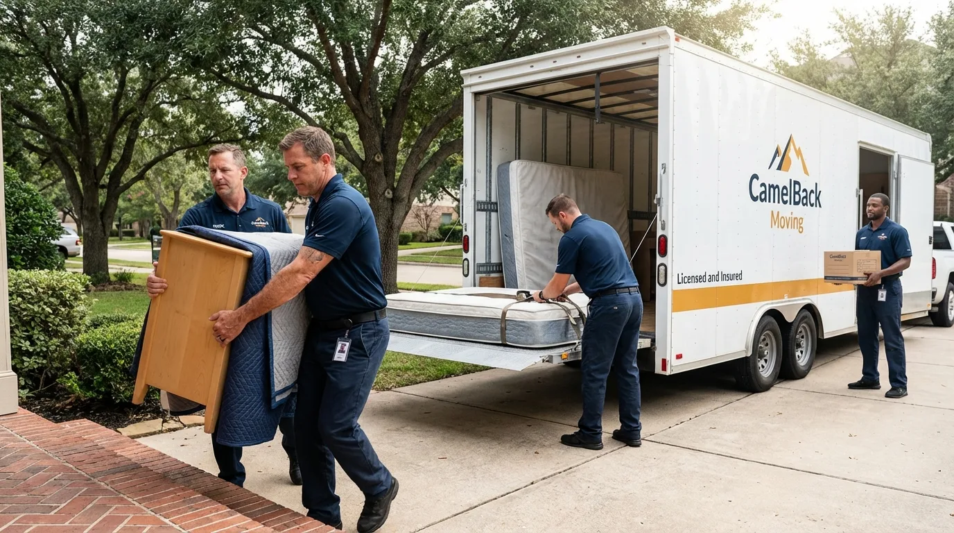 Crew loading residential truck for cross-state move from North Hollywood, CA