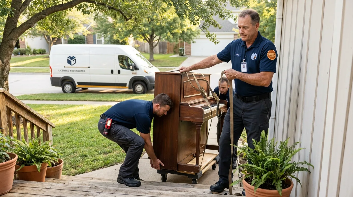 Licensed piano movers securing grand piano in North Hollywood, CA