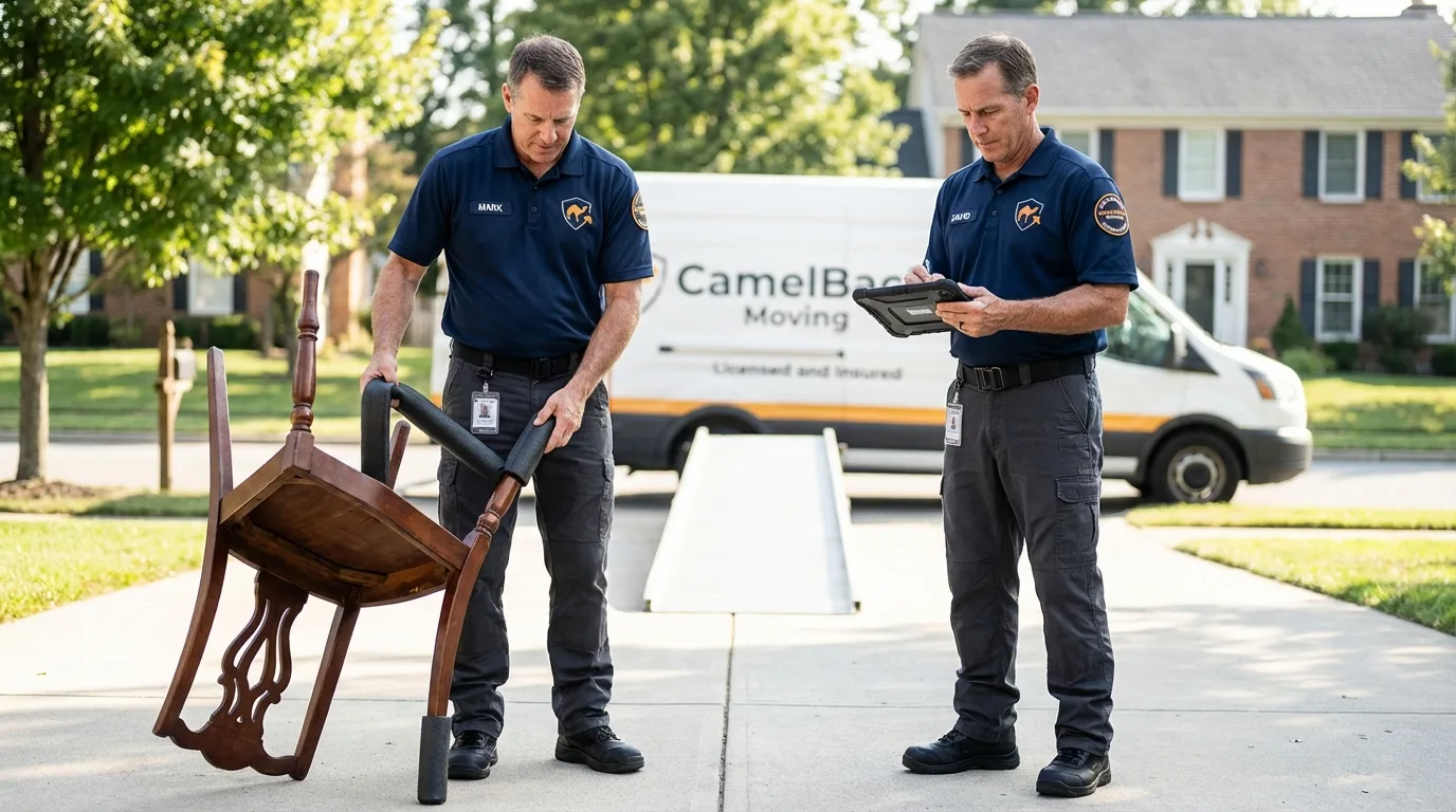 Movers inspecting furniture for damage prevention before loading in North Hollywood, CA