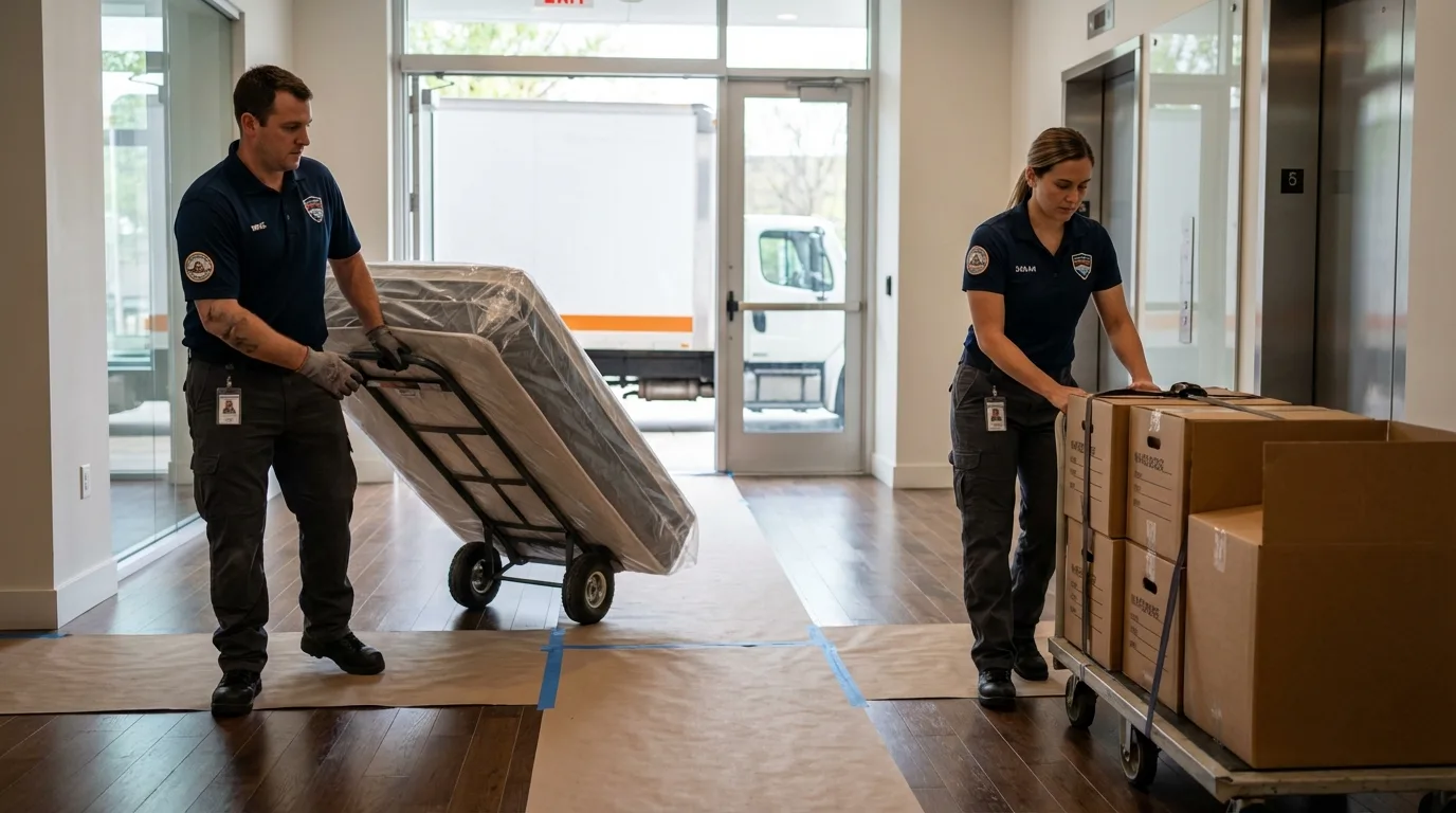Professional apartment movers loading elevator in North Hollywood, CA