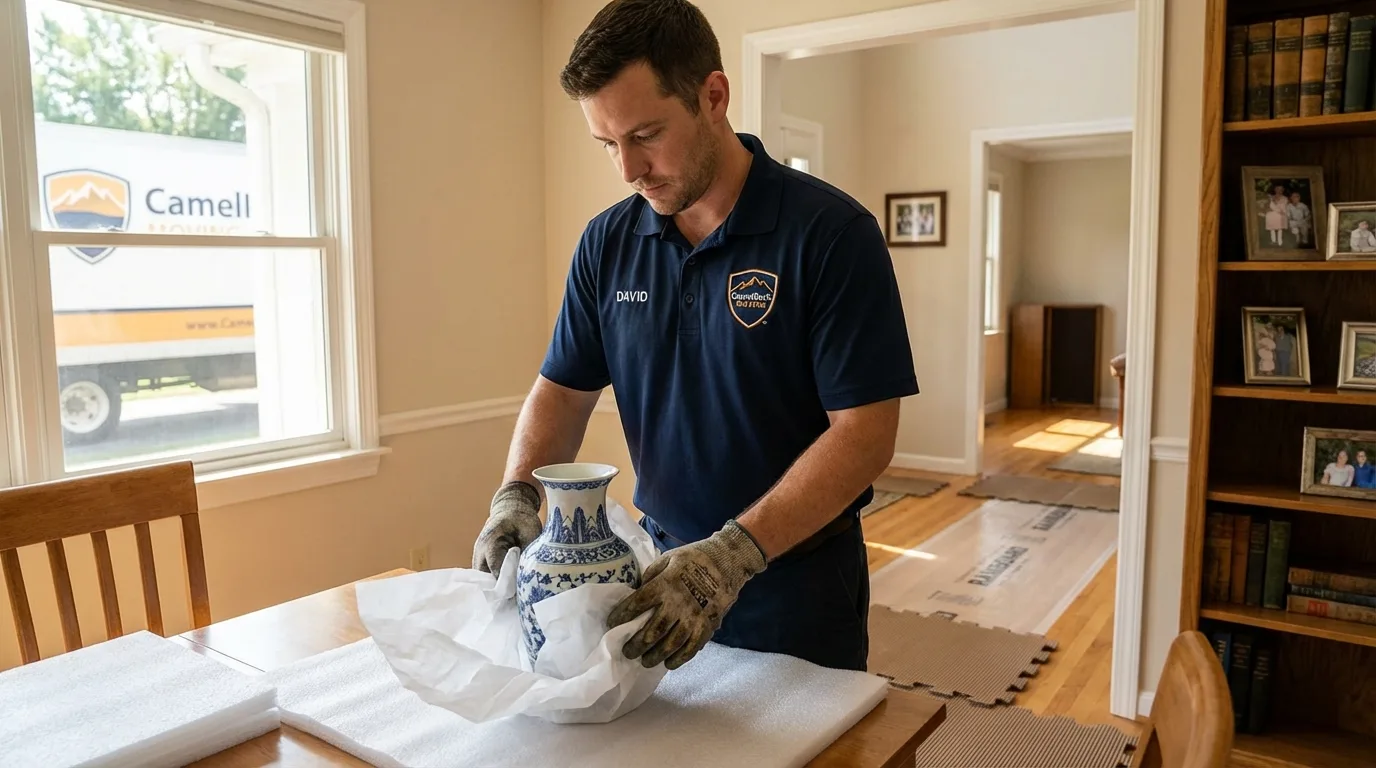 Professional crew carefully wrapping antique vase for senior downsizing move in North Hollywood, CA